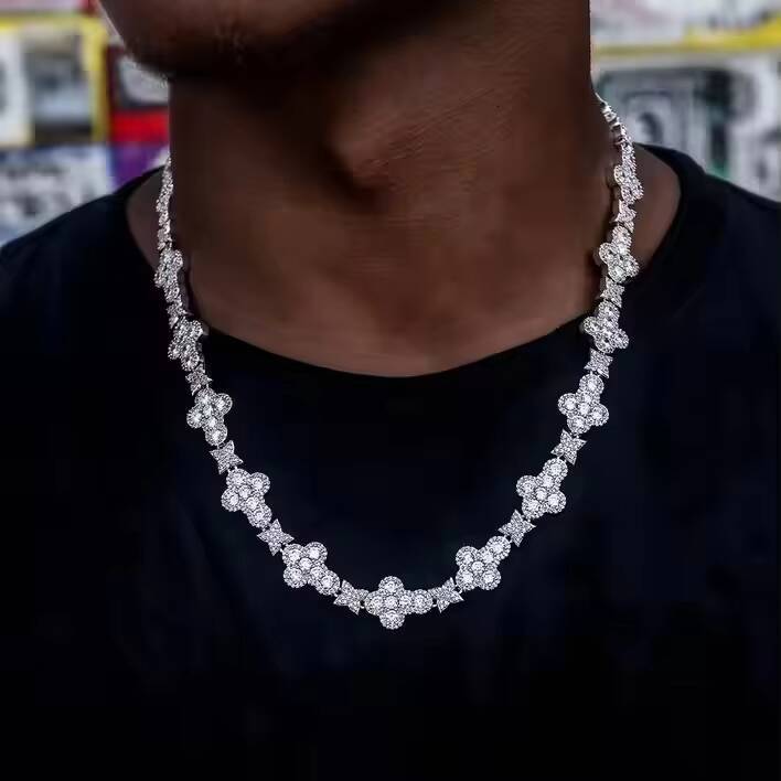 In Stock Iced Out Bling Rectangle Moissanite Hip Hop Cross Pendant Necklace Cross Chain Fine Jewelry Set for Men