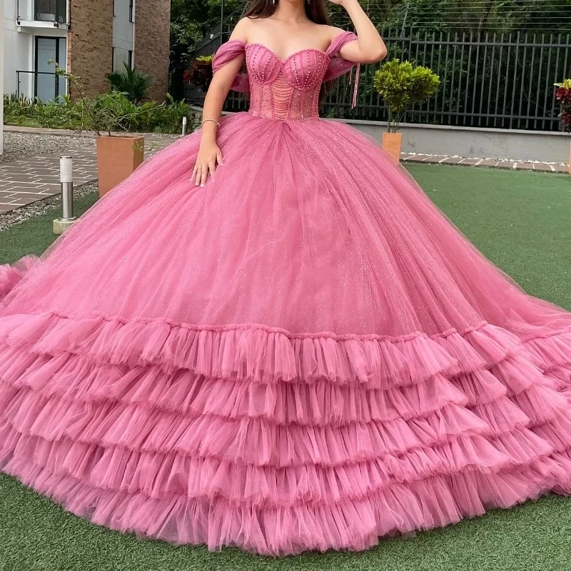 Pink Shiny Ball Gown Quinceanera Dresses Off The Shoulder Beading Pearl Tull Corset Vestidos 15 De Anos Sweet 16 Dress