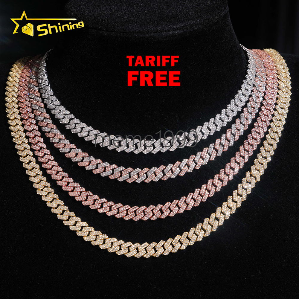 Hot Sale VVS Iced Out Moissanite Pass Diamond Test 925 Silver Gold Hip Hop 2Rows 8mm Cuban Link Chain Necklace Fine Jewelry