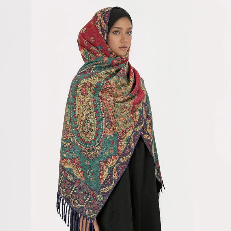 Winter Warm Thick Women Hijab Ethnic Style Jacquard Scarf Outdoor Paisley Foulard Cashmere Tassel Shawl Wrap Pashmina Muslim 250818