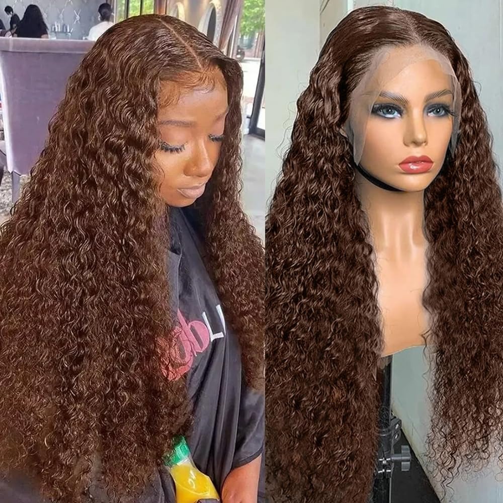 30 Inch Chocolate Brown Deep Wave Lace Front Wigs 220 Density 13x6 HD Lace Frontal Wig Curly Human Hair Pre Plucked Wig for Women Brown Glueless with 