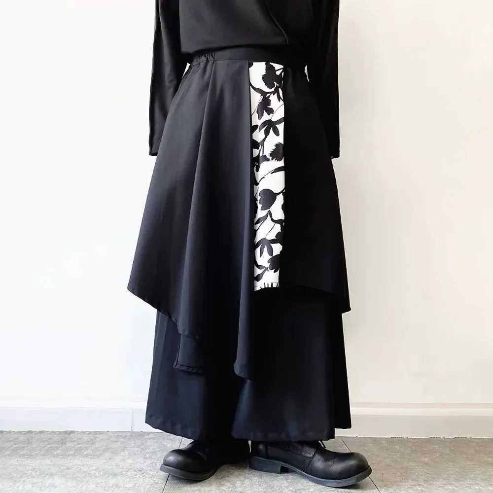 2024 Spring Mens Wide Leg Pants Striped Patchwork Streetwear Elastic Waist Irregular Skirts Trousers Loose Punk Black Pants W250819