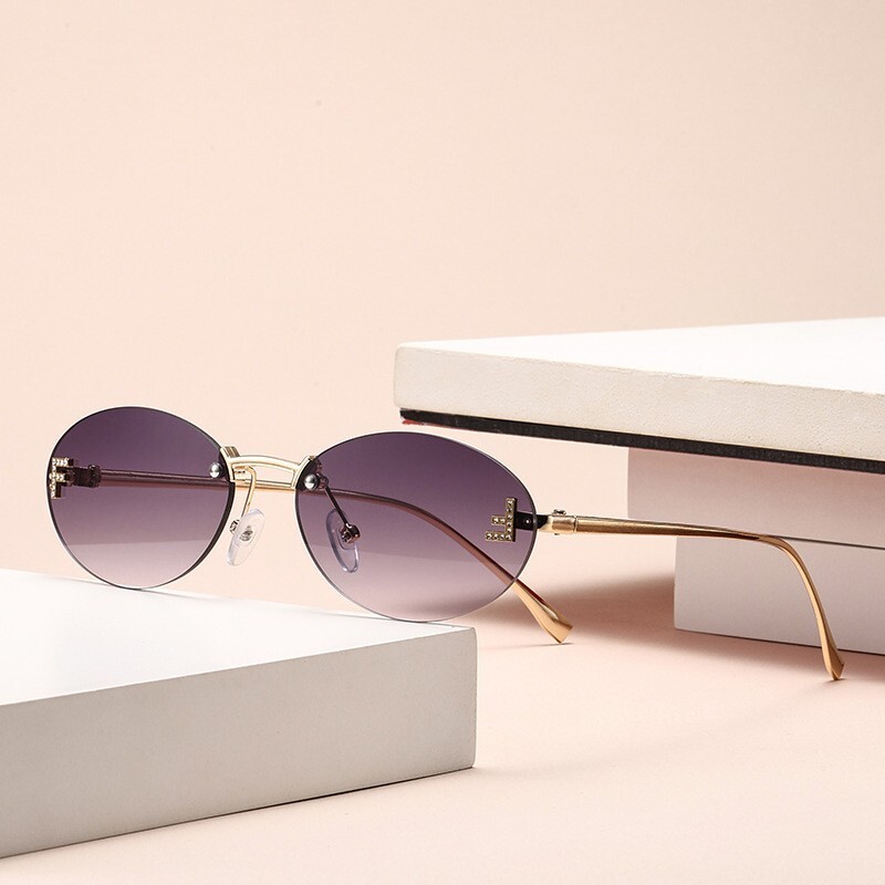 Letter F Rimless Diamond-Studded Oval Fashion Trendy Small Frame Decorative Women's Sunglasses