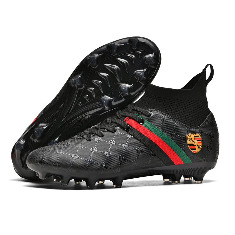 New High Top Football Boots Soccer Cleats AG Long Studs Leather Football Shoes for Men Women Students Grass Training Match Sports Sneakers