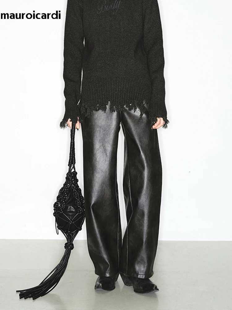 Mauroicardi Spring Autumn Long Loose Casual Cool Black Pu Leather Straight Pants For Men Luxury Designer Clothes Trouser 2023 W250819