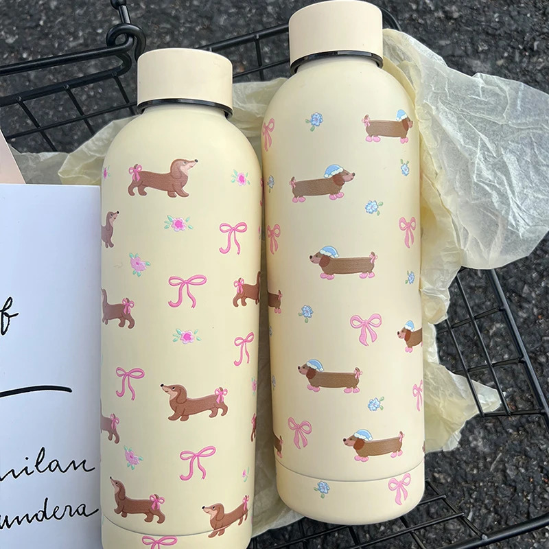 Kawaii Puppy Coffee Tumbler Stainless Steel Thermos Cup Cute Korean Travel Insulated Flask Thermal Water Bottle 500ml 250818 W260226