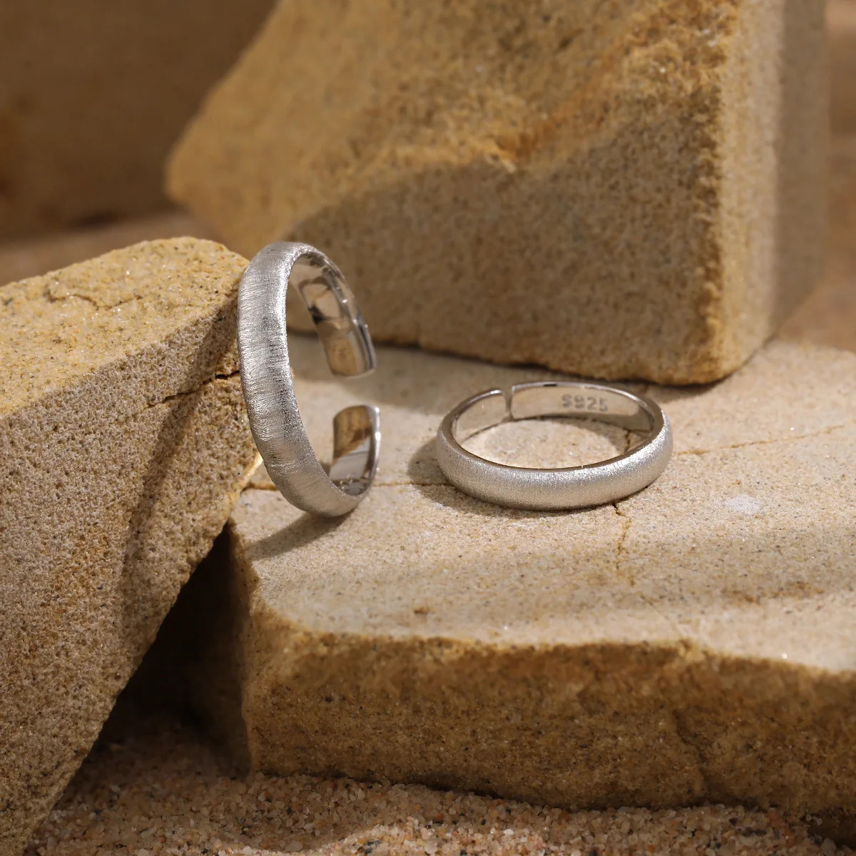 SHANICE S925 Sterling Silver Rings Brushed matte texture plain ring for women with a cold temperament striped paired ring 250815