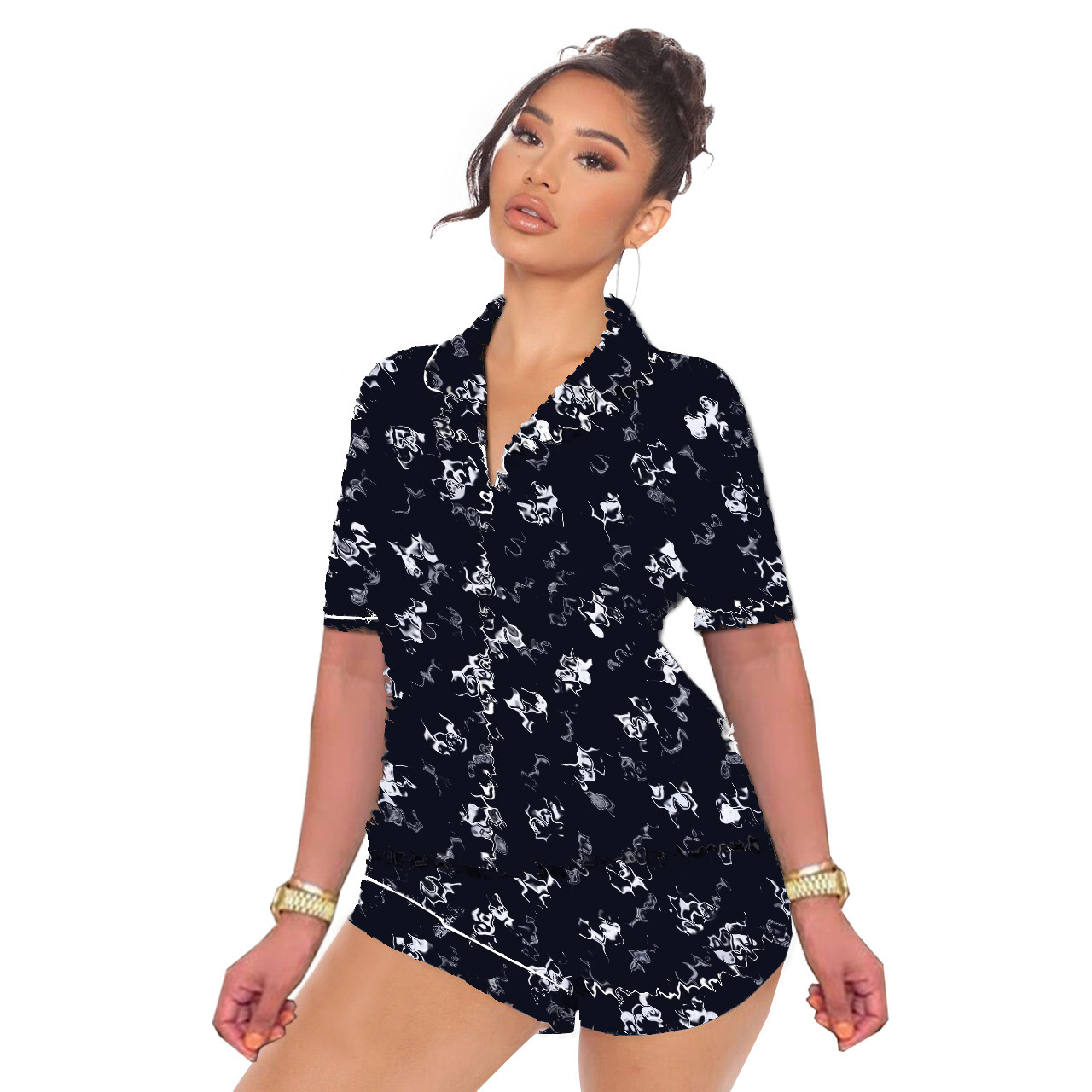 D9370 womens casual fashion pattern printed short sleeve pajamas two piece home wear