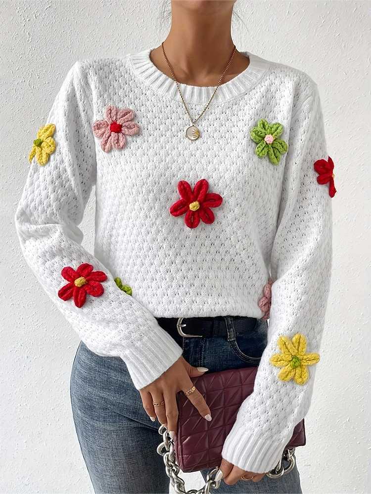 2025 Autumn and Winter New Womens Long Sleeve Flower Prickle White Sweater Comfortable Autumn and Winter Best Choice XJ250819