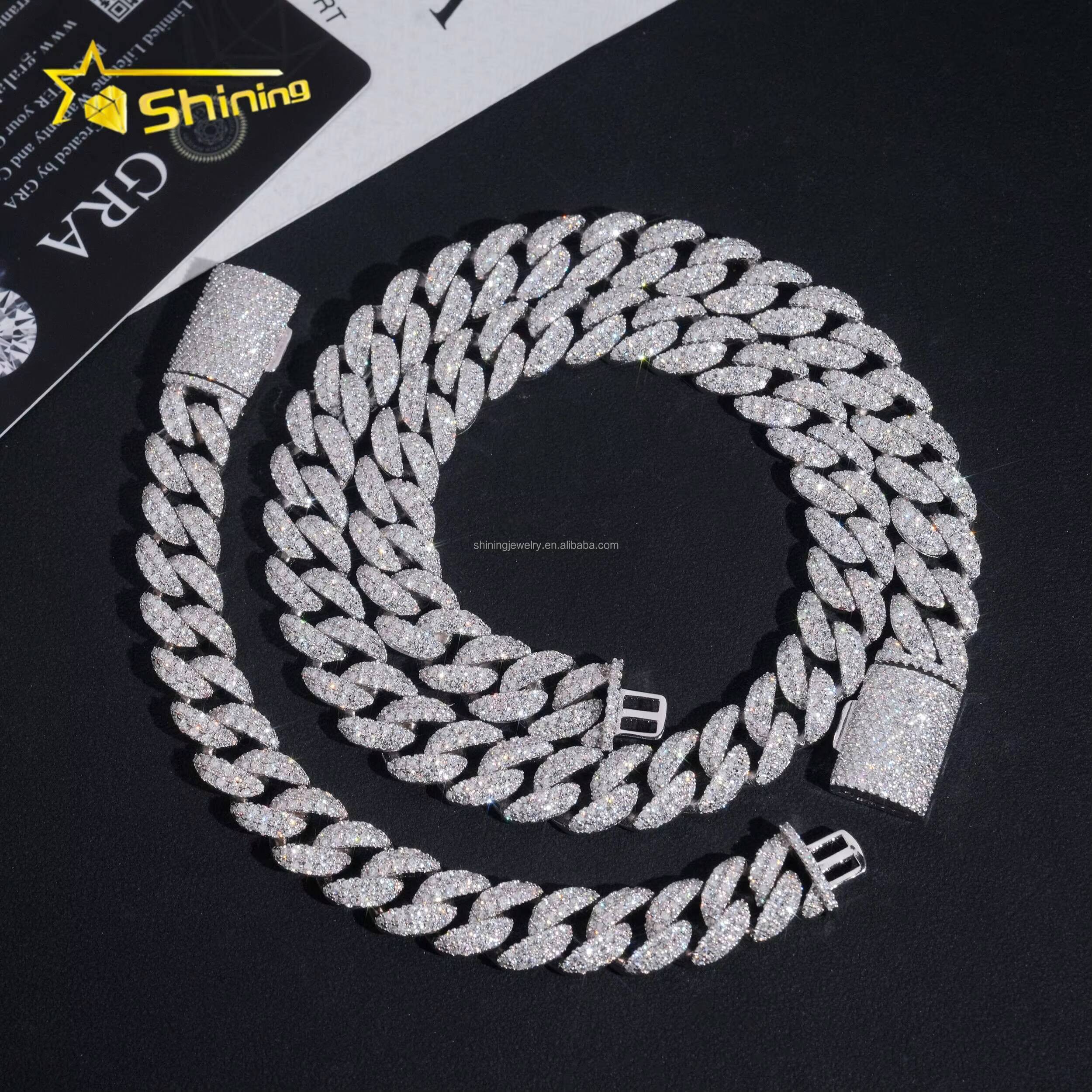 Fashion Rapper Jewelry GRA Certificate 12mm Two Rows Moon Shape Iced Out Moissanite Diamond S925 Sterling Silver Miami Cuban