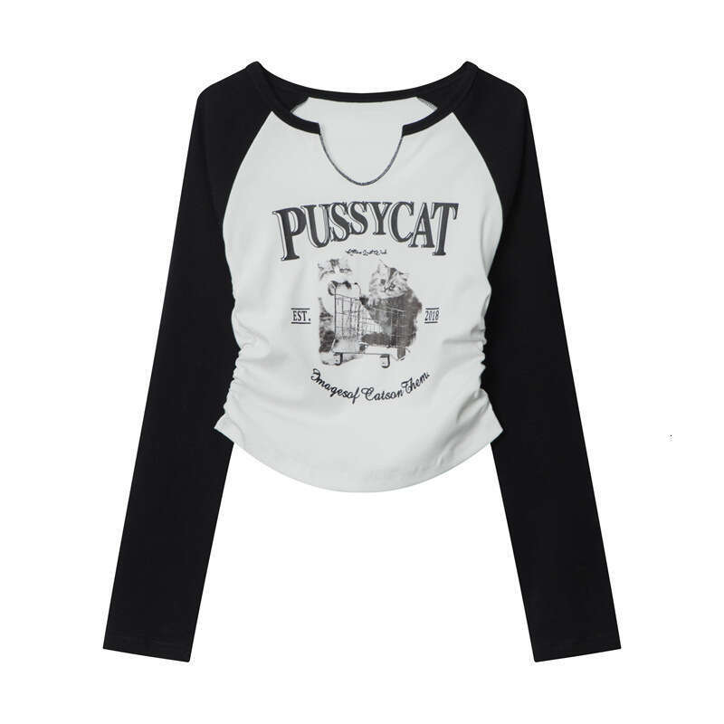 Color-Block Long Sleeve T-Shirt Women's Spring Ruched Design Hot Girl Slim Fit Short Top B3