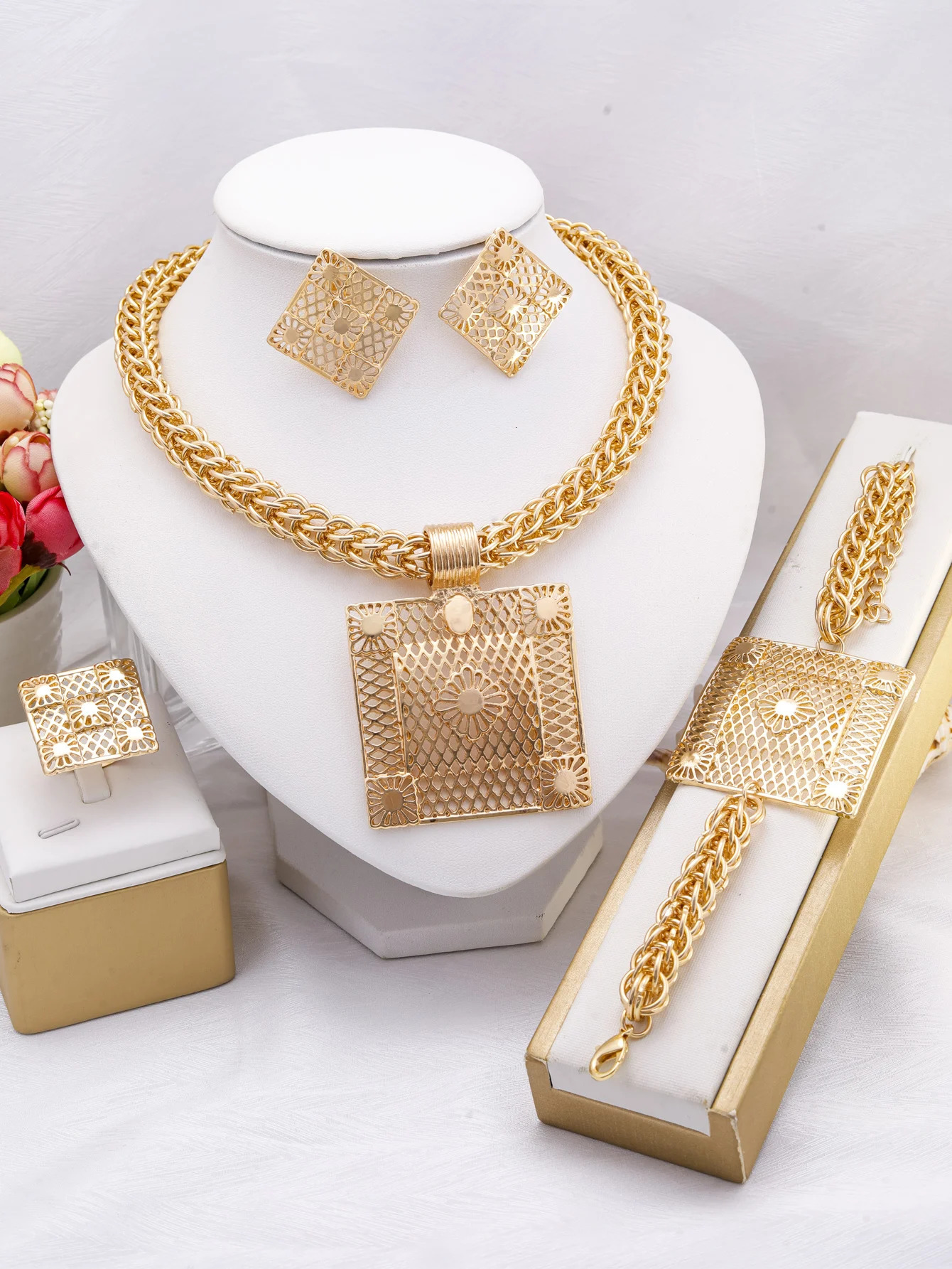 Gold Color African Jewelry Sets for Women Necklace Nigerian Bridal Wedding Jewellery Bracelet Earrings Ring 250815