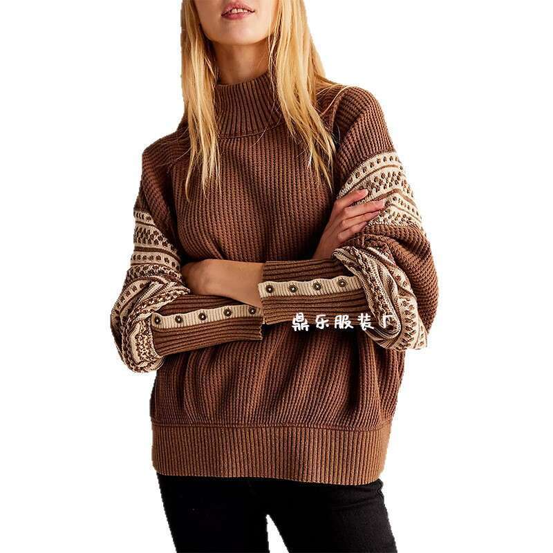 New Autumn And Winter Knitted Color Matching Half Turtleneck Fashion Pullover Sweater Women's Clothing B3