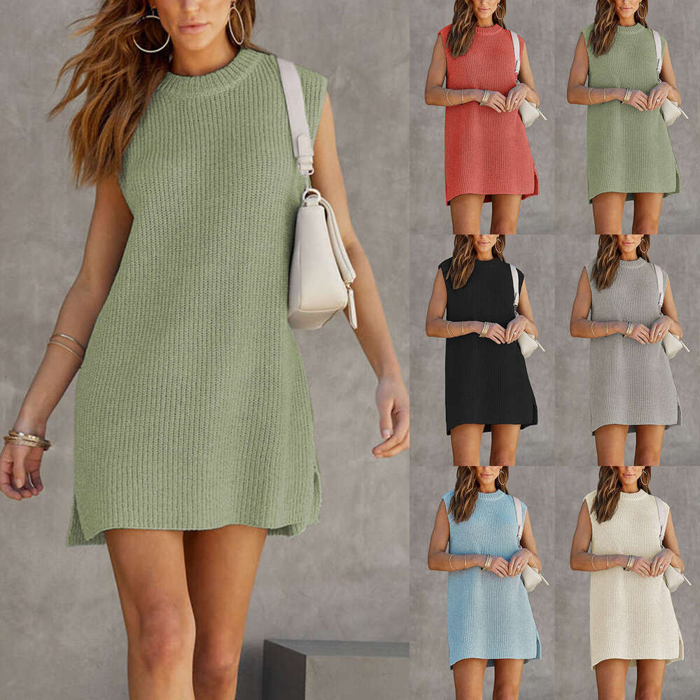 Summer New Solid Color Round Neck Sleeveless Casual Plus Size Loose Women's Dress B5