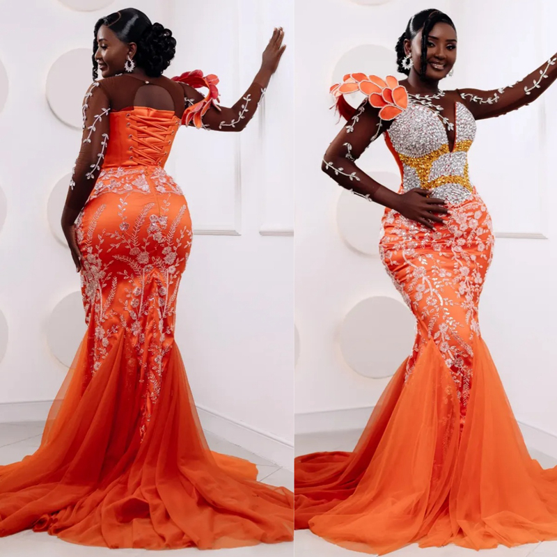 Orange Mermaid Prom Dress 2025 Evening Dresses Robe De Sorrie Sheer Neck Long Sleeves Beaded Lace Crystals Rhinestones Birthday Dress Second Reception