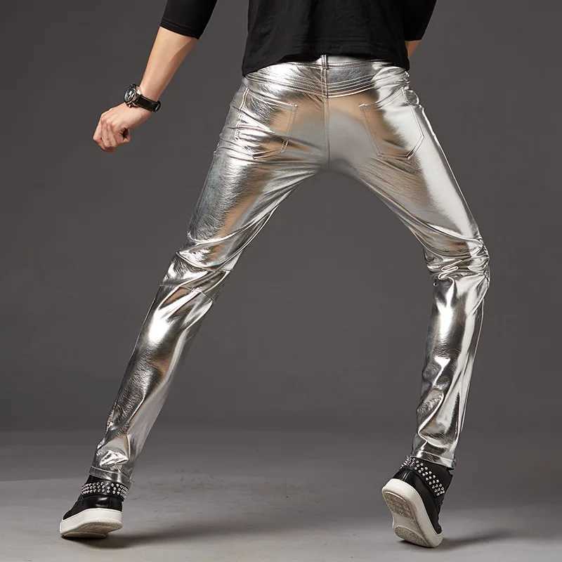 Autumn/Winter Mens Leather Pants Korean Slim Fit Feet Pants Stage Performance Mens Motorcycle Bright Silver Leather Pants W250819