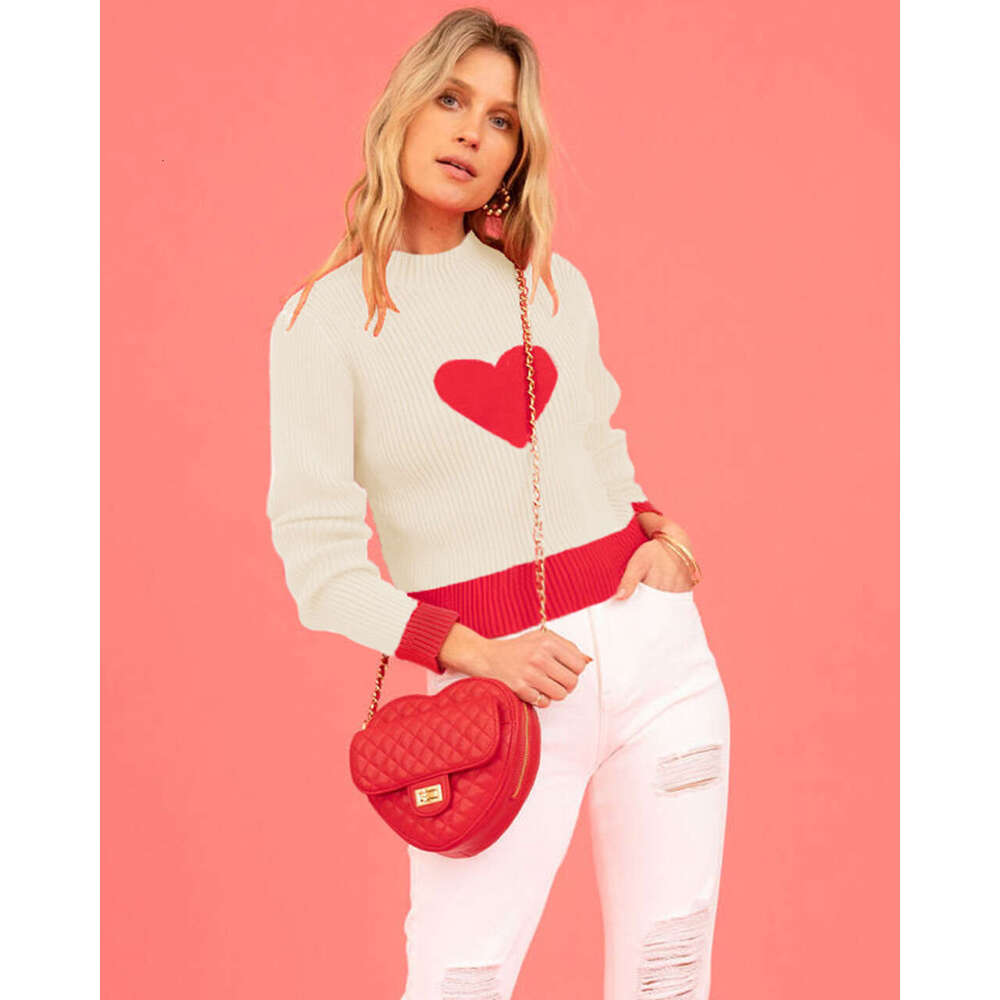 Women's Valentine's Day Autumn Winter High Neck Color Block Heart Peach Slim Sweater B5