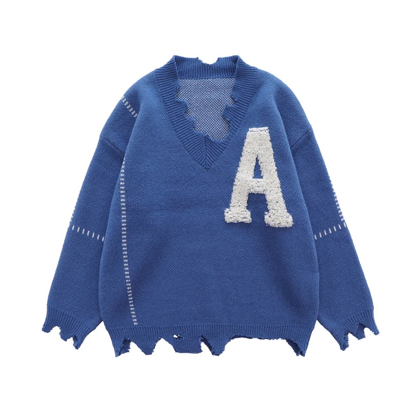 Irregular Hem Frayed Letter y V Neck Casual Sweaters Men and Women High Street Retro Pullover Knitted Autumn Clothes 250819