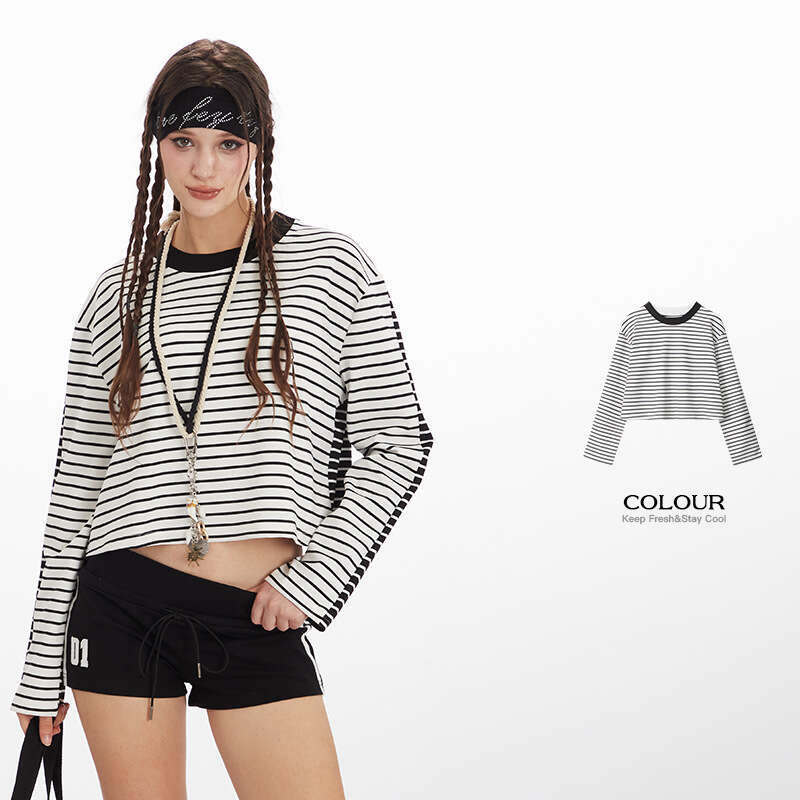 Autumn Black And White Striped Short Hot Girl Top Slim Fit Long Sleeve T-Shirt Women's Base Shirt B5
