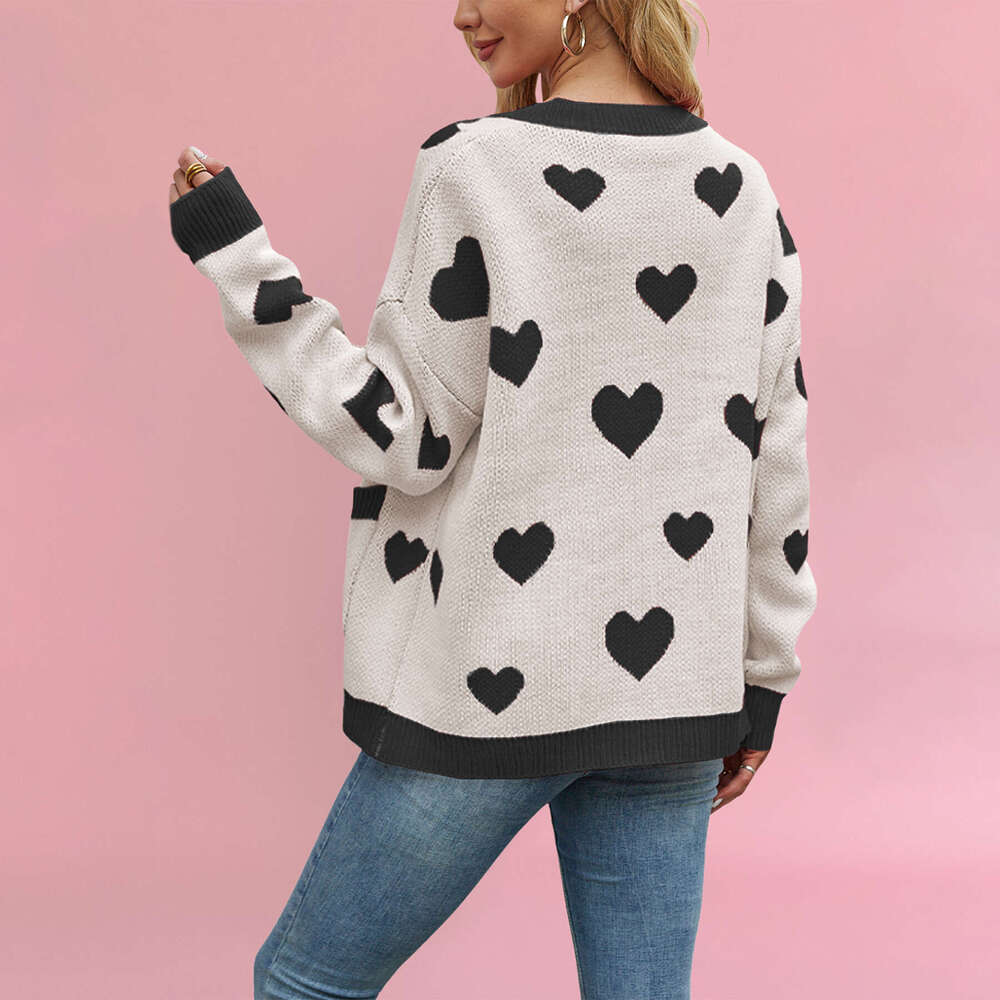 New Autumn Winter Valentine's Day Heart Peach Cardigan Pocket V-Neck Regular Fit Knitted Jacket B5