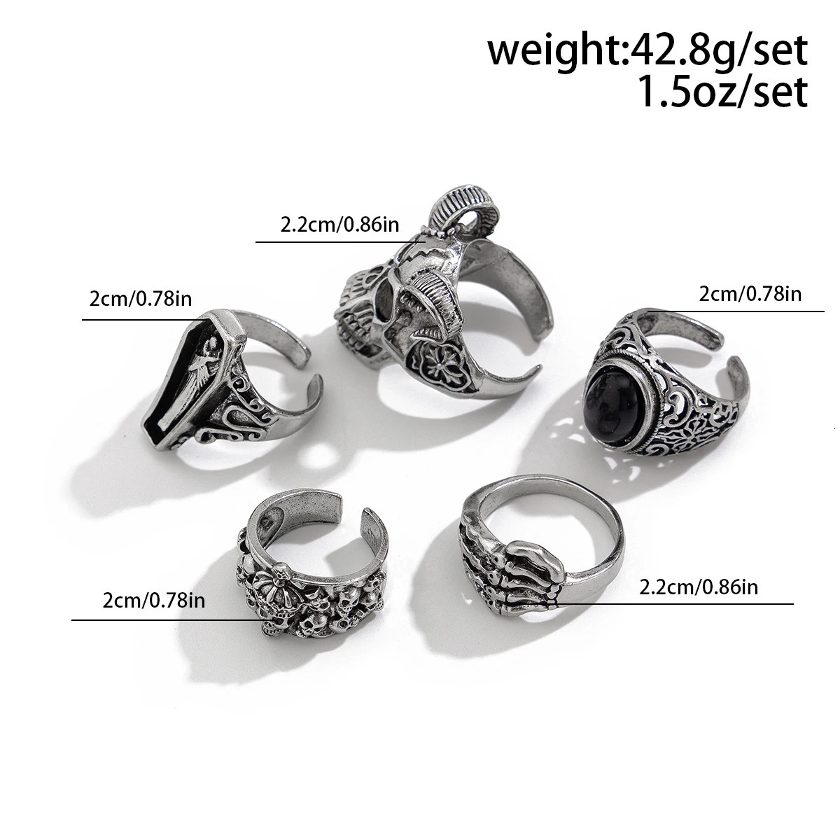 SHIXIN Gothic Skull Claw Cross Ring Set for Men Vintage Silver Color Adjustable Open Rings Male Punk Jewelry Finger Accessories 250815