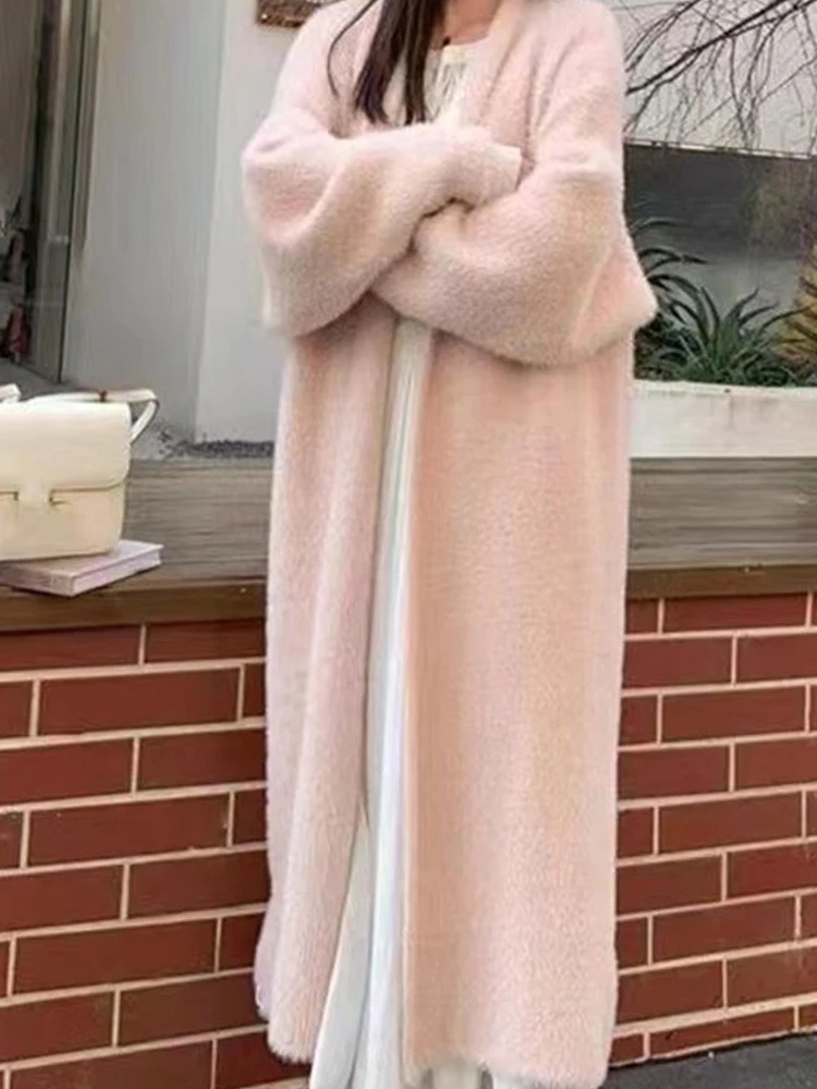 AutumnWinter Lazy Style Warm Knee Length Thickened Women Cardigan Pure Mink Fleece Knitted Sweater Coat w250819