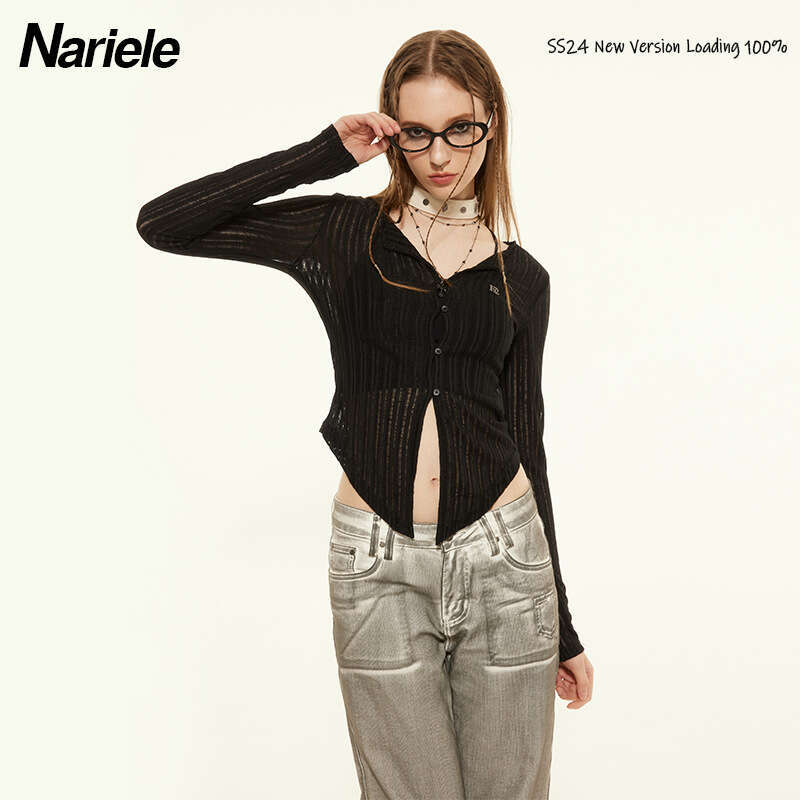 Pure Desire Style V-Neck Ribbed Long Sleeve Knitted Cardigan For Women Spring Thin Slim Fit T-Shirt Trendy B3