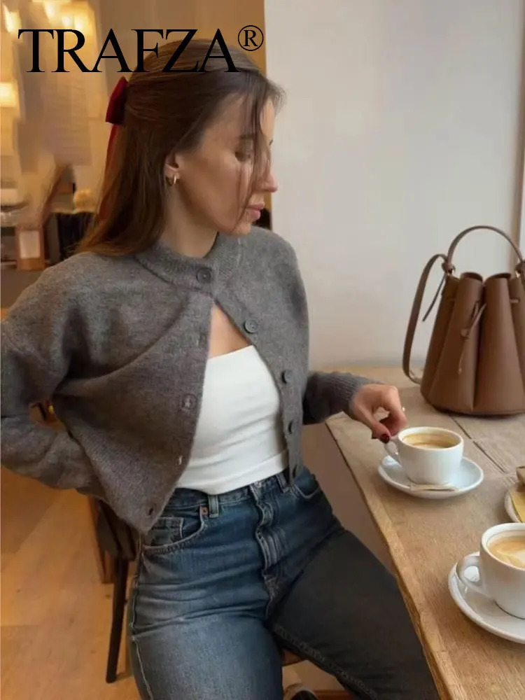 TRAFZA Women Cropped Knit Cardigan Sweater Single Breasted Long Sleeve O Neck Coat Elegant Solid Outerwear Female Chic Top 250819