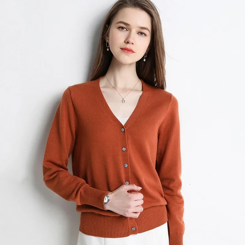 Women Cardigans Vneck Long Sleeve Knitted Outerwear Solid Thin Spring Autumn Sweaters Knitwears Korean Fashion Red 250819