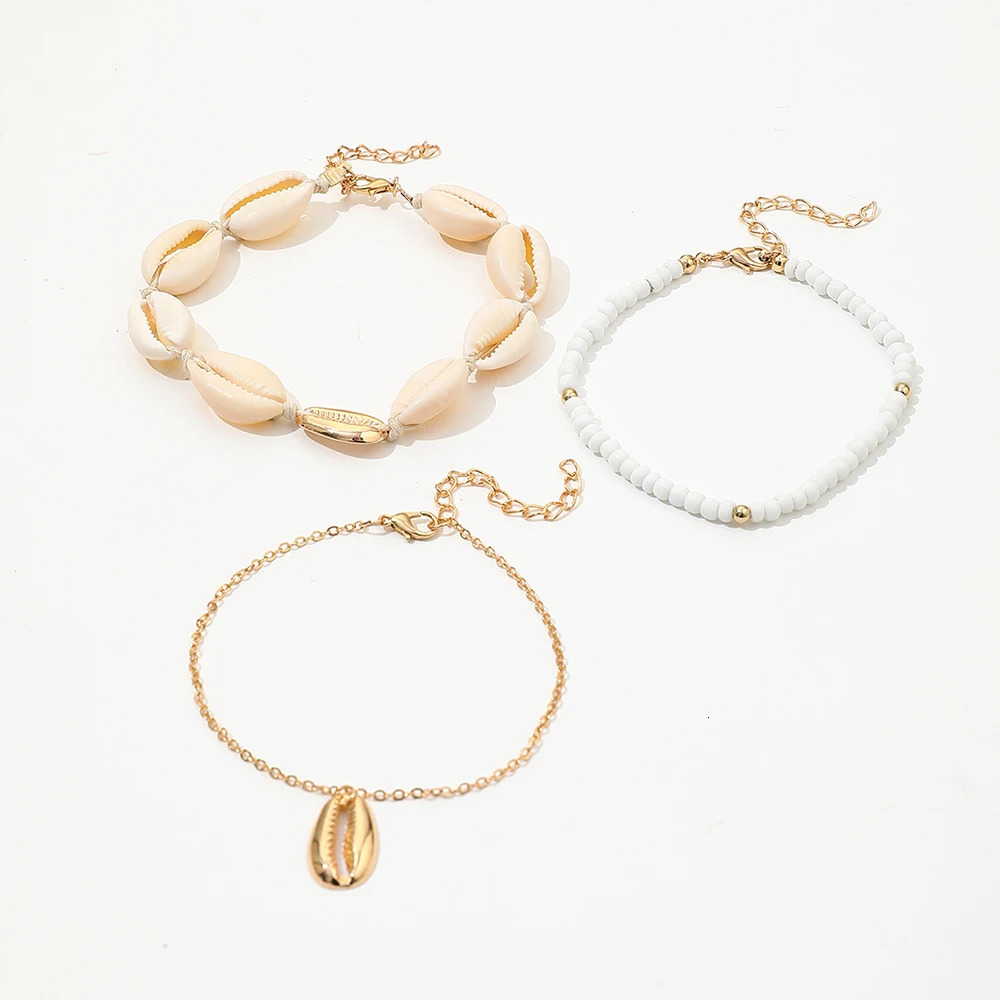 3Pcs/Set Fashion beach wind shell beaded creative personality anklet simple chain stitching small temperament ladies anklet 250815