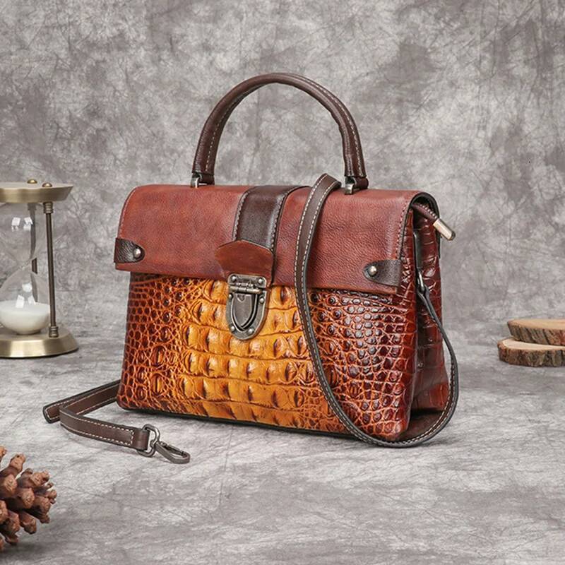 Retro Crocodile Pattern Handbags 2025 New Genuine Cowhide Leather Handmade Eming Shoulder & Crossbody Women Bag