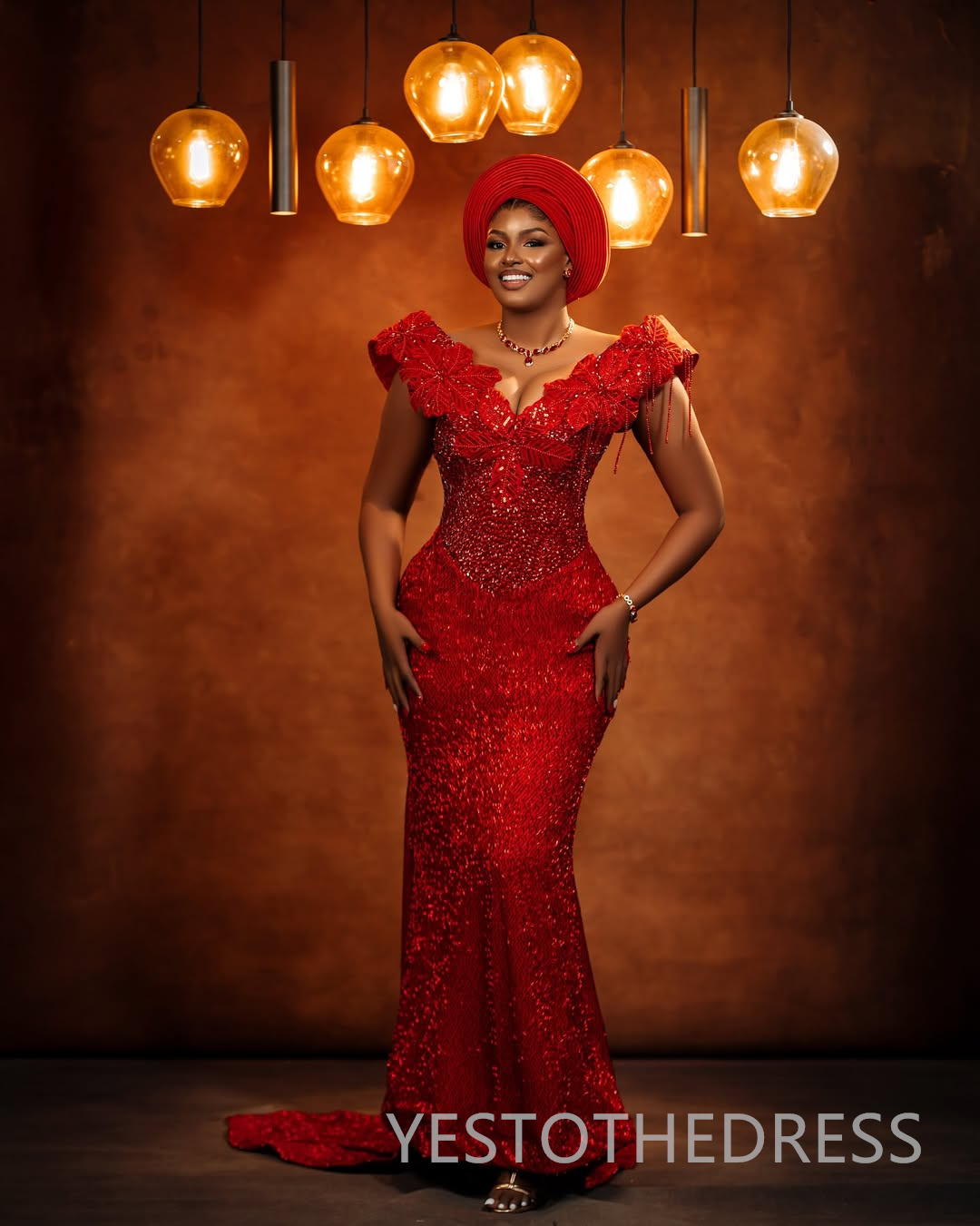 Classic Plus Size Aso Ebi Red Mermaid Prom Dress 2025 Evening Dresses Robe De Sorrie V Neck Beaded Sequined Lace Flora Birthday Dress Second Reception