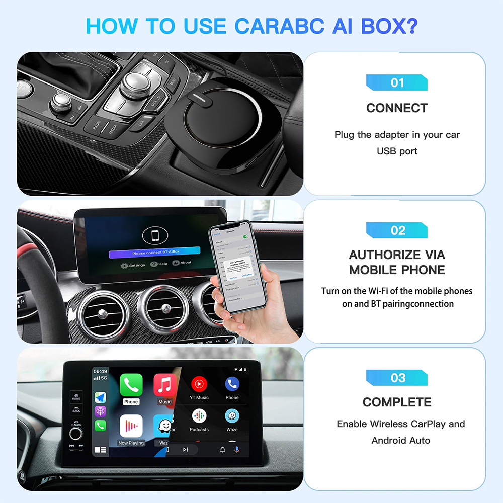 Kowankit Wireless Carplay Android Auto AI Box, Plug & Play Fits Cars, 2in1 Android 13 4+64GB Car Play Adapter, QCM6225, No Delay, USB-Powered, Battery
