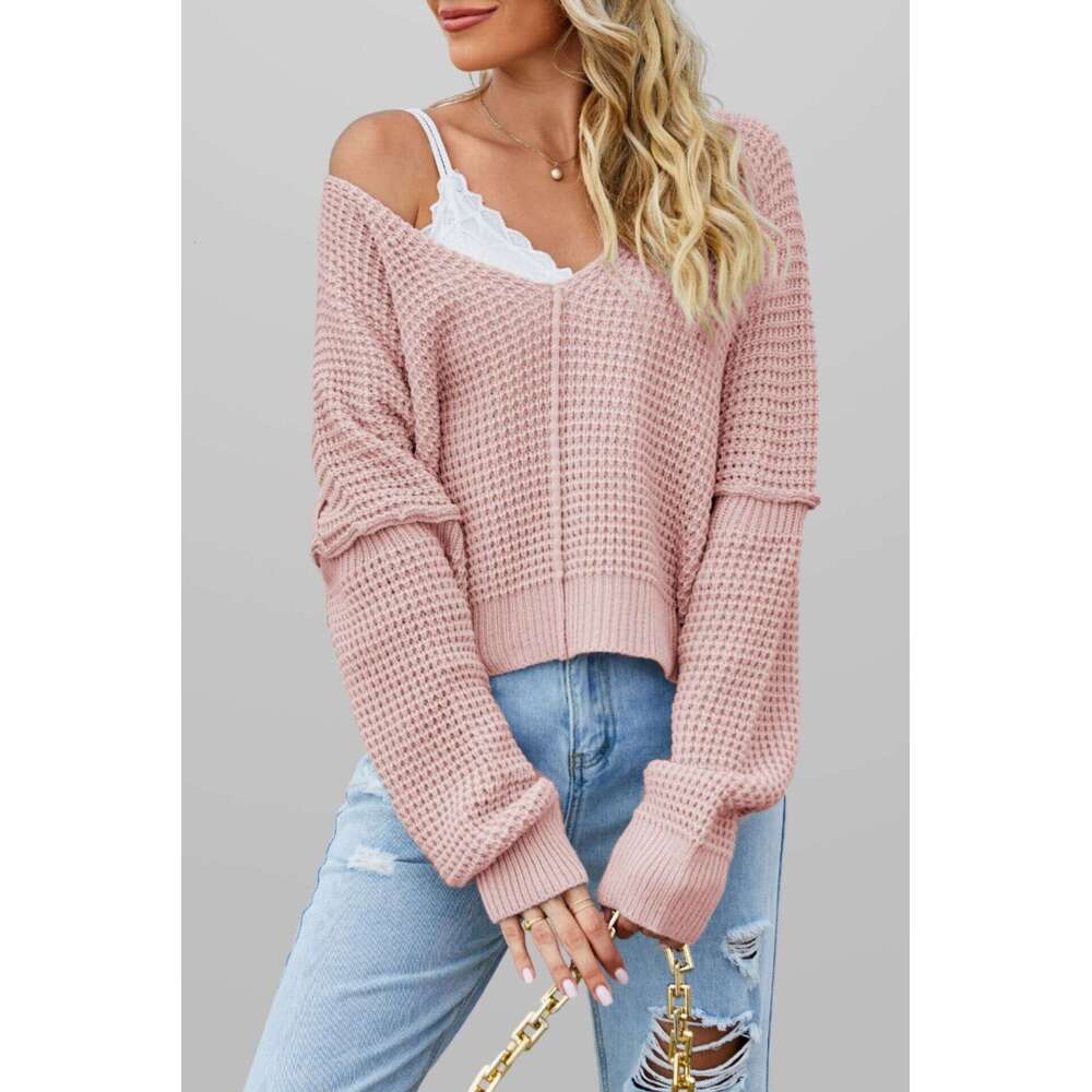 New Off-Shoulder Autumn Winter Women's V-Neck Solid Color Loose Knit Sweater B5