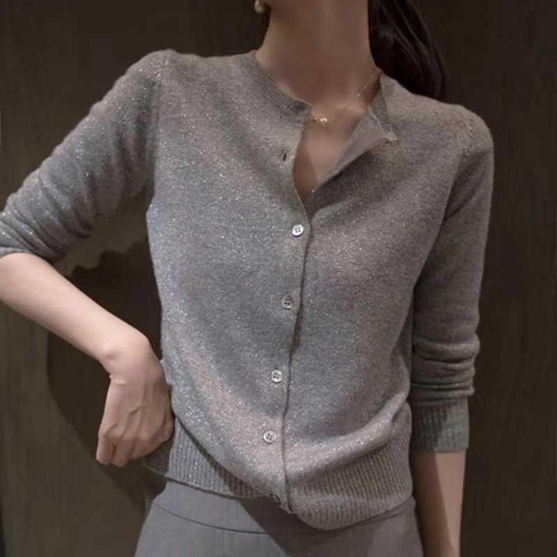 Spring and Autumn Thin Womens Round Neck Knit Solid Color Bright Silk Cardigan Jacket Loose Bottoming Cardigan Sweater XJ250819