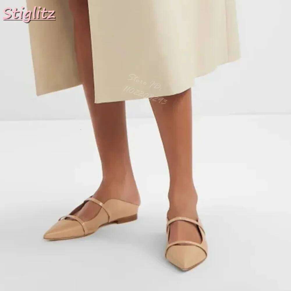 Pointed Toe Strappy Slippers Retro Solid Shallow Roman Flat With Pull-On Mules 2025 Women's Fashion New Casual Outside Shoes