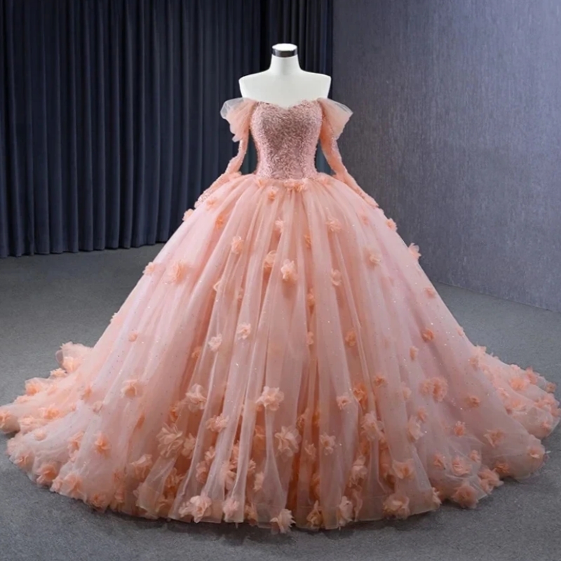 Light Pink Princess Ball Gown Quinceanera Dresses Lace Flower Beads Tull Long Sleeves Birthday Party Dress Vestidos De 15 Anos Sweet 16 Dress