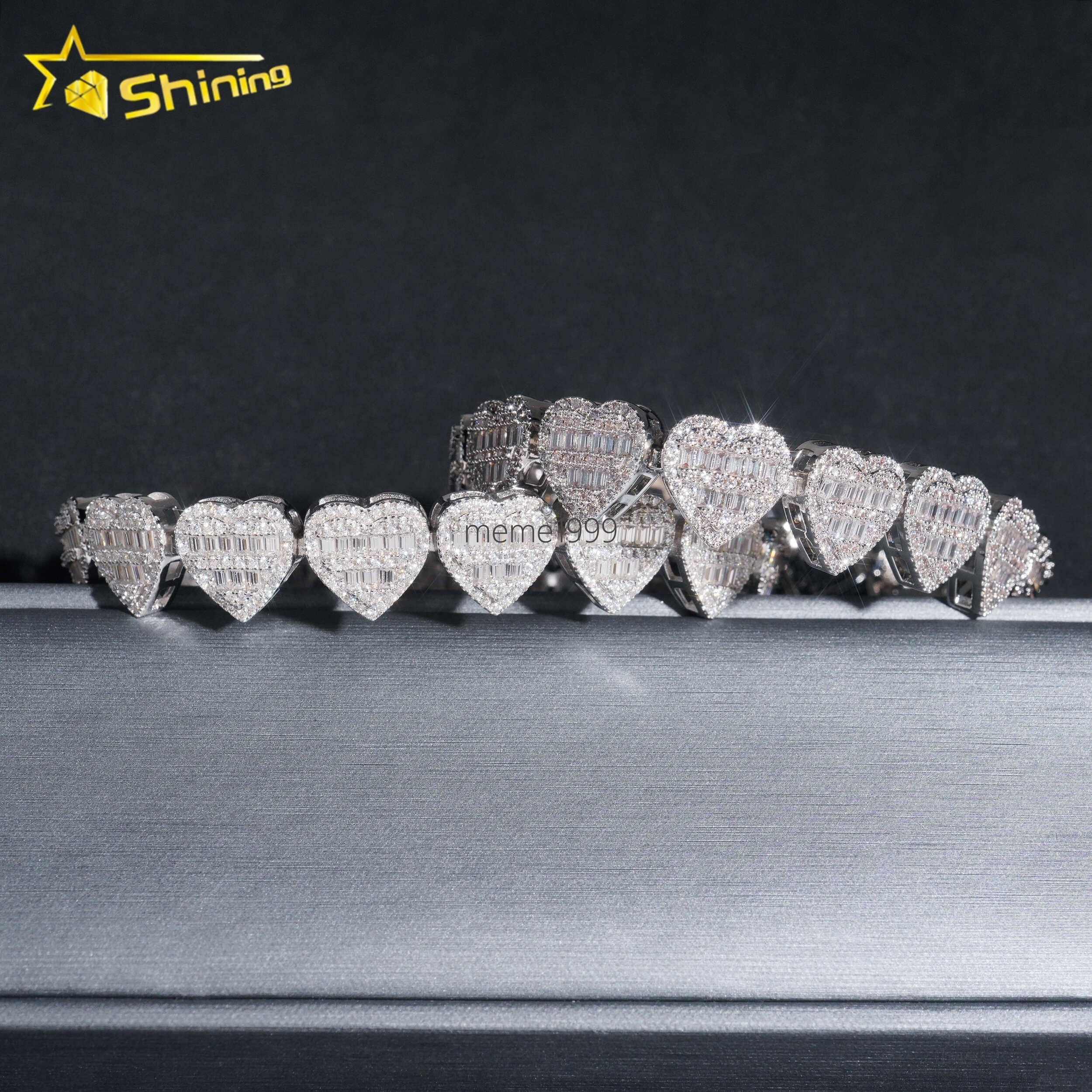 Fashion Design baguette 13mm Heart Bracelet Moissanite Diamond Cuban Link Bracelets