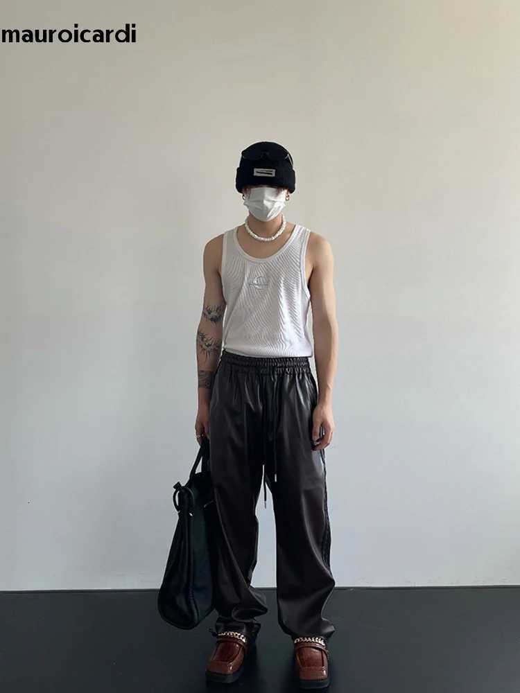 Mauroicardi Spring Autumn Cool Black Soft Stretchy Waterproof Pu Leather Pants for Men with Elastic Waist Loose Casual Clothes W250819