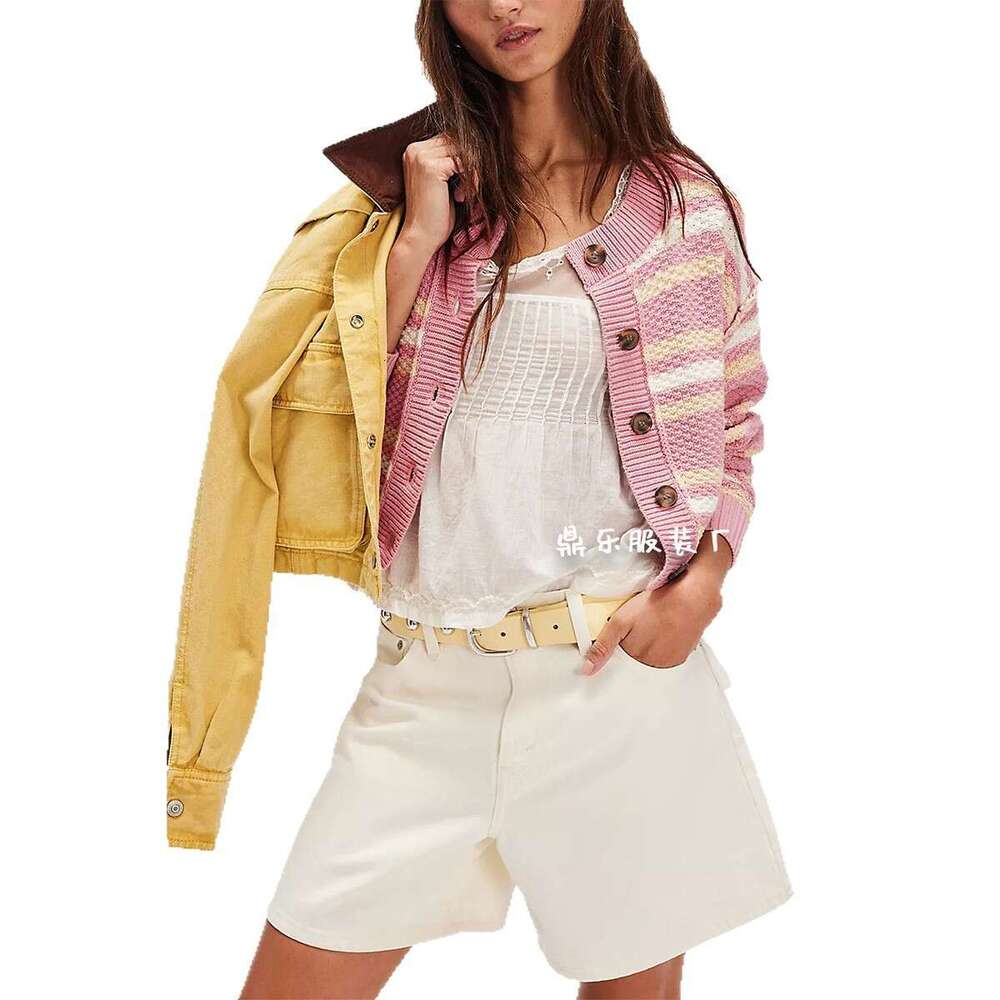 New Tiktok Autumn Winter Knitted Cardigan Striped Color Block Women's Button Coat B3
