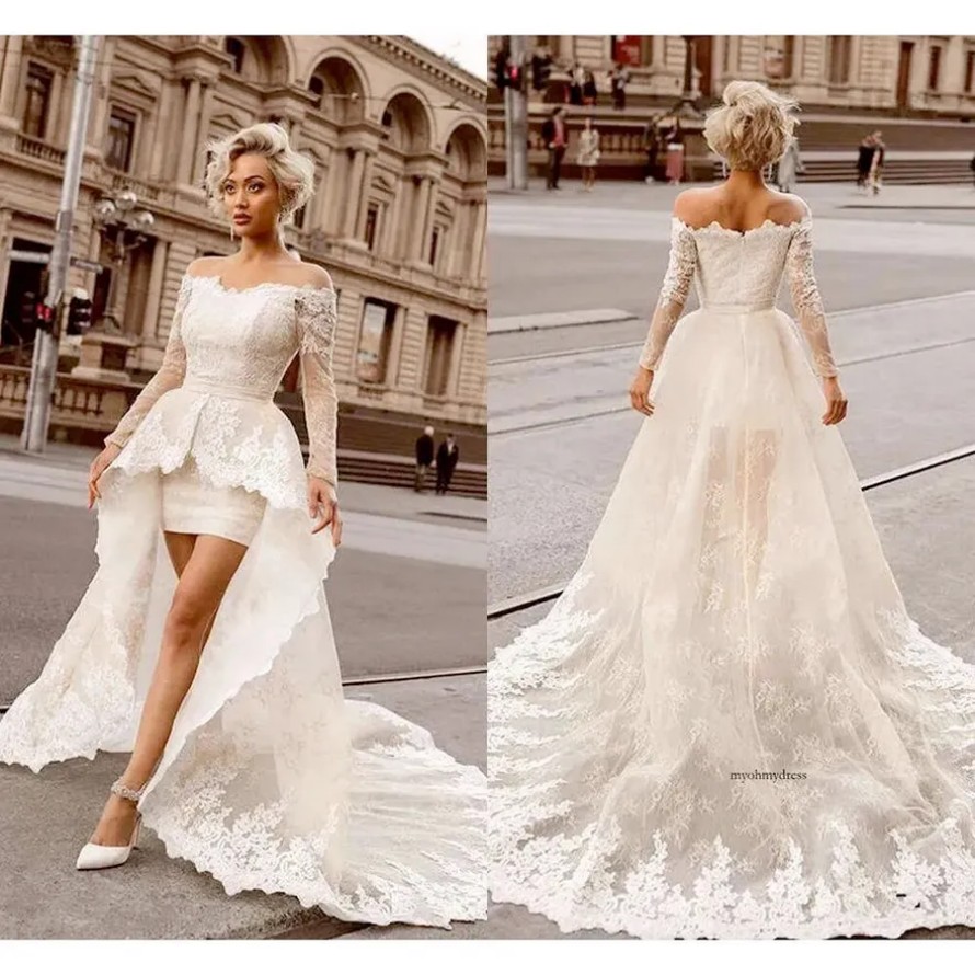 Modern A Line Sheath Short Wedding Dresses With Detachable Train Sexy Off The Shoulder Long Sleeve Bridal Gowns Lace Appliques Vestidos