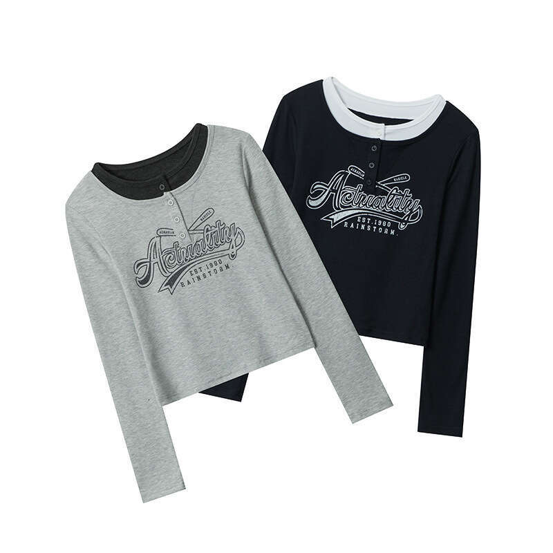 Spring Hot Girl Round Neck Fake Two-Piece Letter Design Short Slim Fit Long Sleeve T-Shirt Top B3