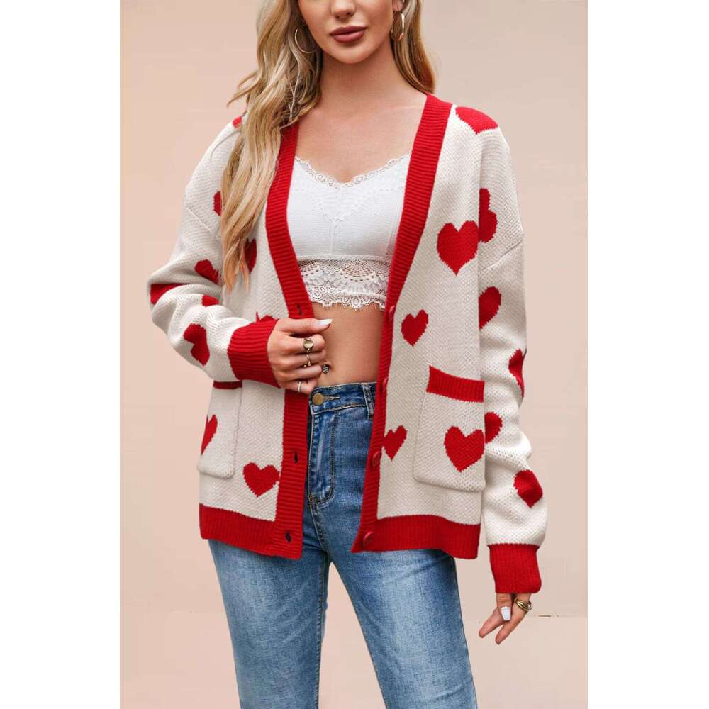 New Women's Valentine's Day Heart Peach Cardigan Pocket V-Neck Short Jacket B5