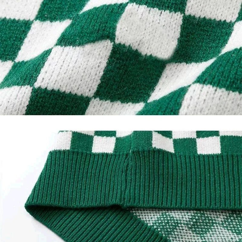 Checkerboard Plaid Cardigan Mens Sweaters INS Winter Coats Knitwear Clothing Japanese Vintage Wool Couples 250819