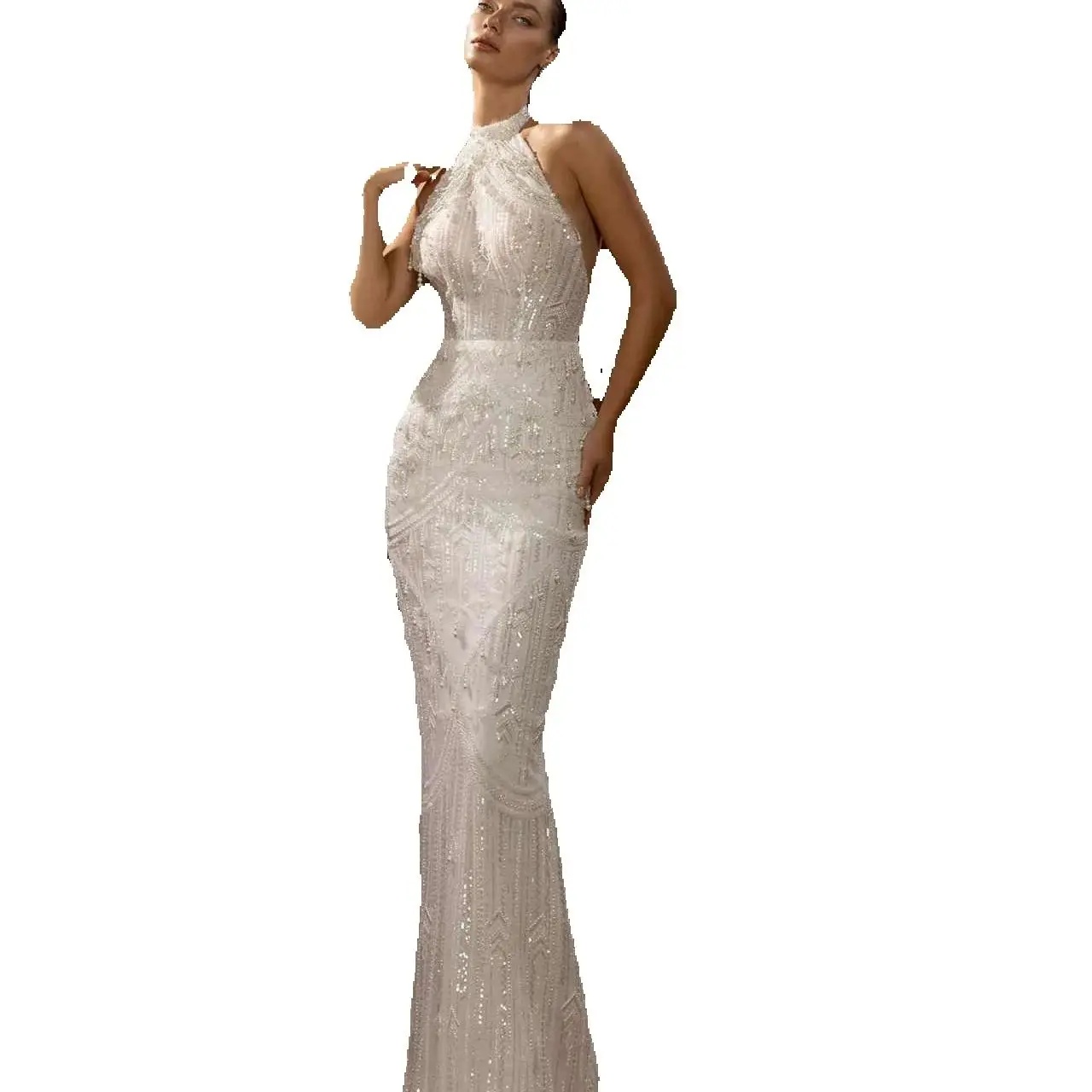 Sexy Halter Pearls Wedding Dress Women Sleeveless Sequined Lace Mermaid Bride Dresses Customized Floor Length Bridal Gown