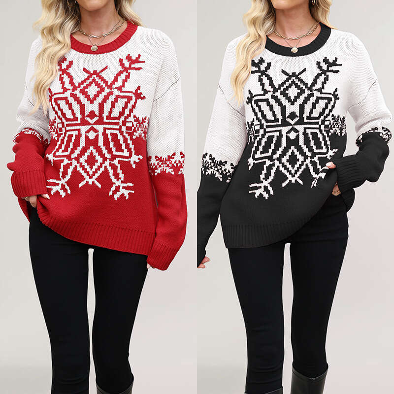 Women's Autumn And Winter Christmas Big Snowflake Casual Knitted Sweater B3