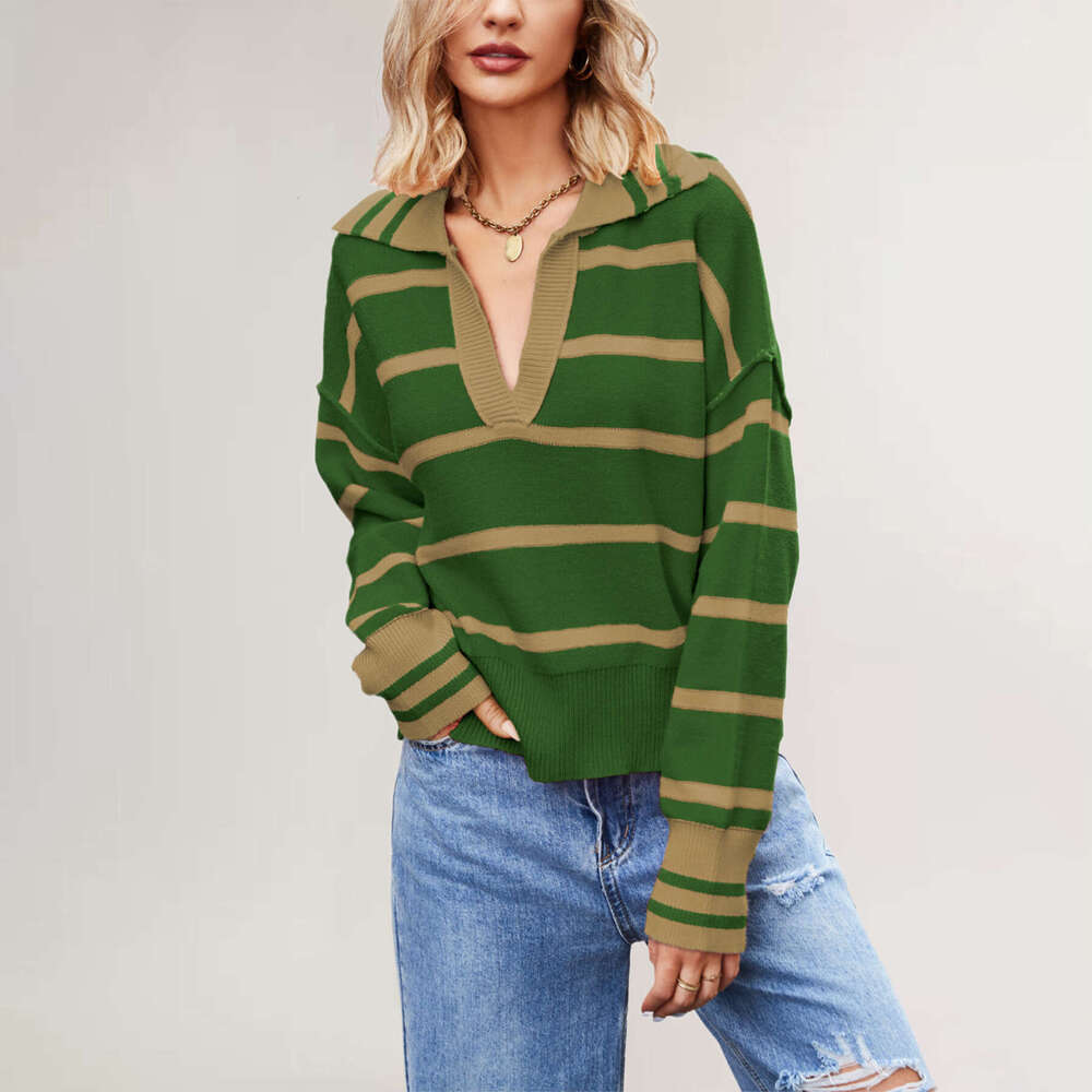 Autumn And Winter New V-Neck Striped Color-Block Loose Plus Size Women's Knit Sweater B5
