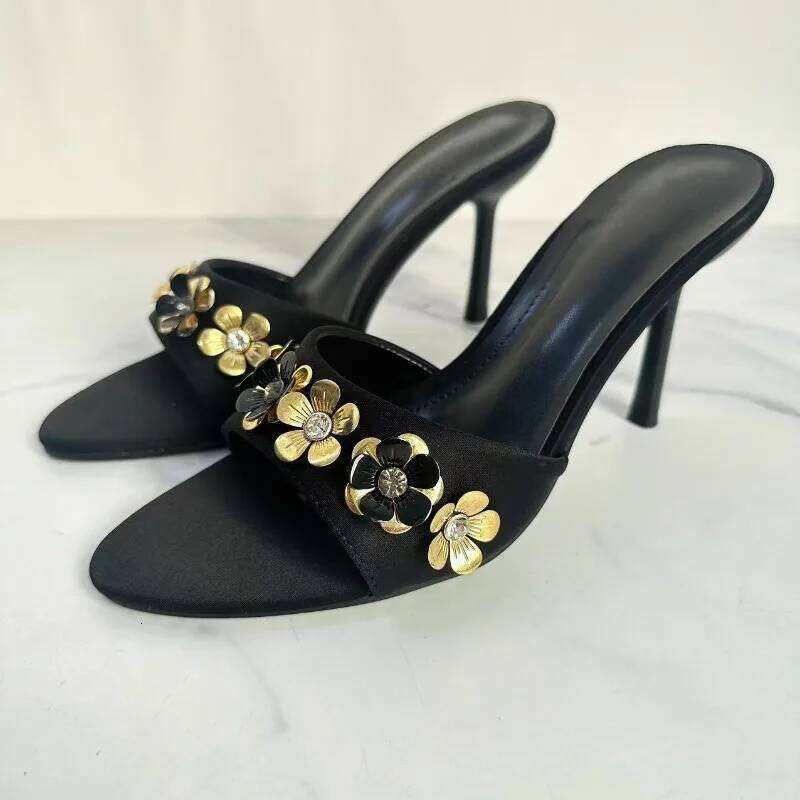 Peep Toe Women Summer Modern Sandals Metal Flower Decoration Dress Party Daily Casual Mules Stiletto Female High Heels Shoes