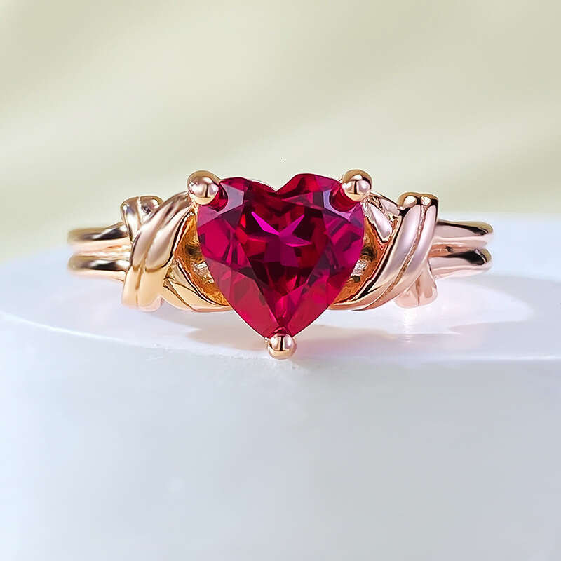 Mujing Jewelry New Silver High Carbon Diamond Ring 7*7 Heart-Shaped Red Corundum Simple Ins Style Best-Selling Model