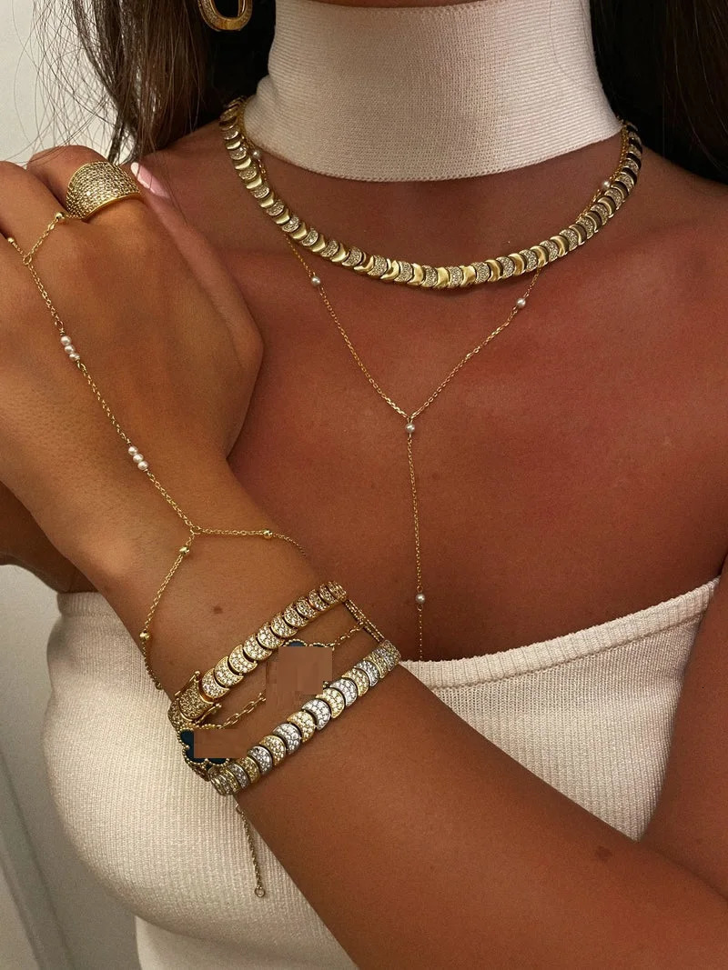 Gold Color Fashion Women Jewelry Set Geometric Shiny Plain Paved 5A CZ Moon Shaped Chain Choker Necklace Bracelet 250818
